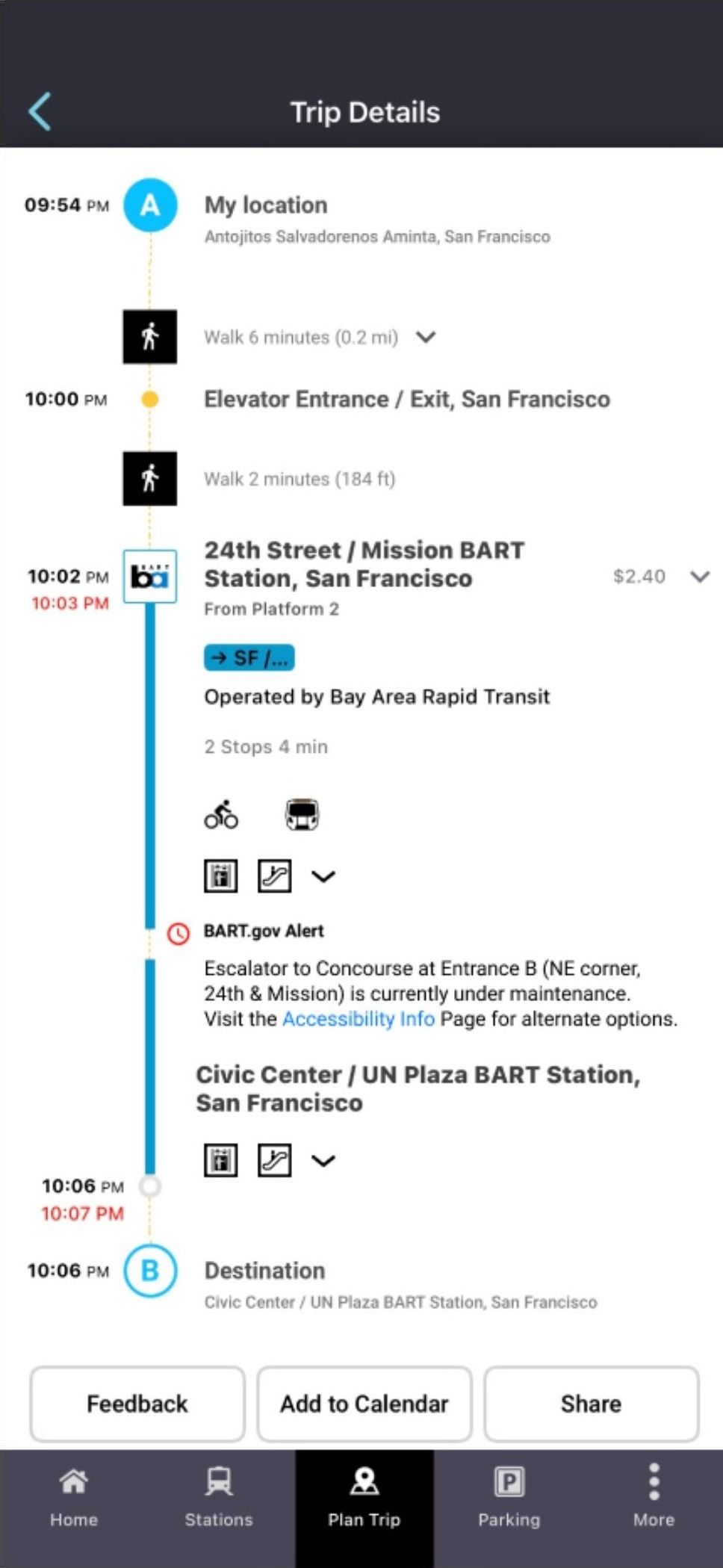 Redesigned BART app — inline BART.gov alert in trip flow