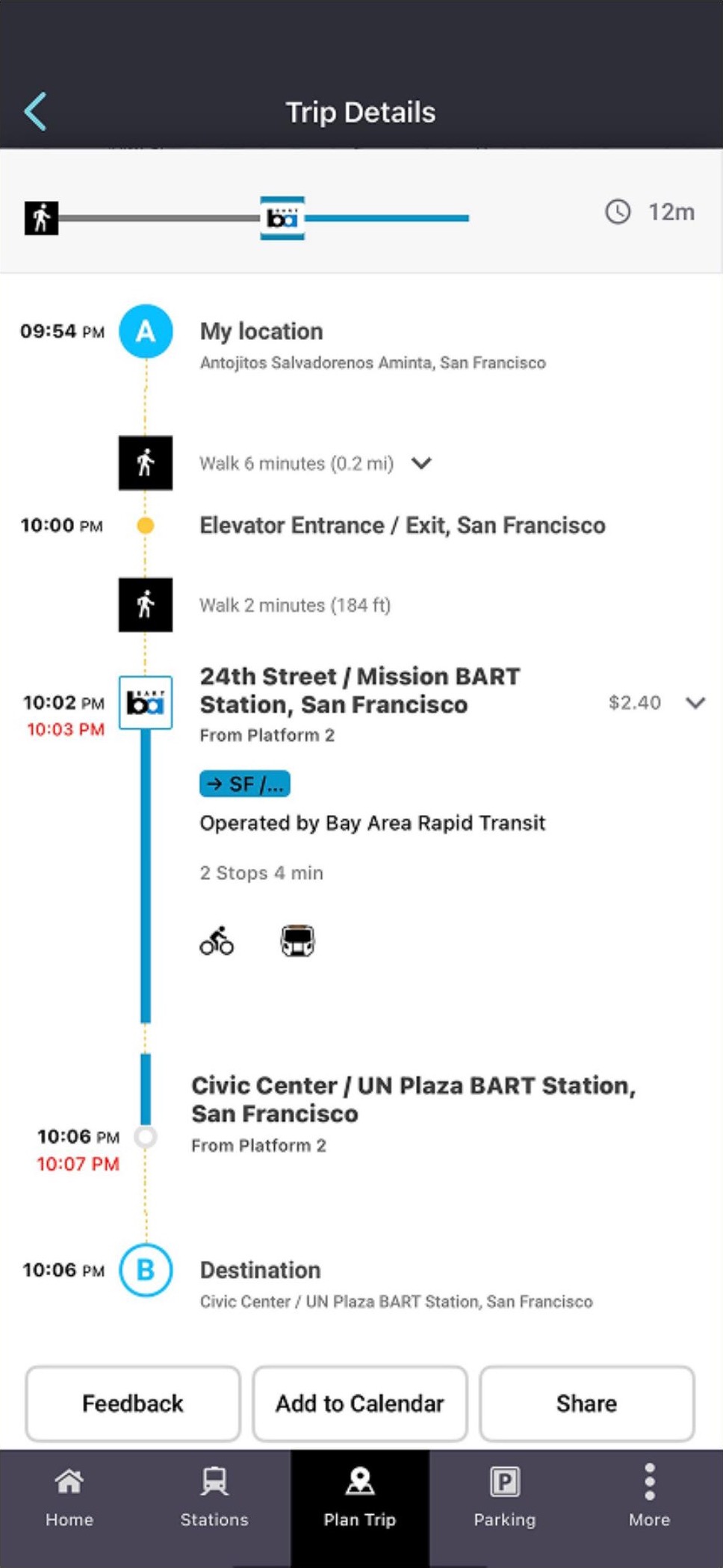 Current BART app — no accessibility status in trip flow