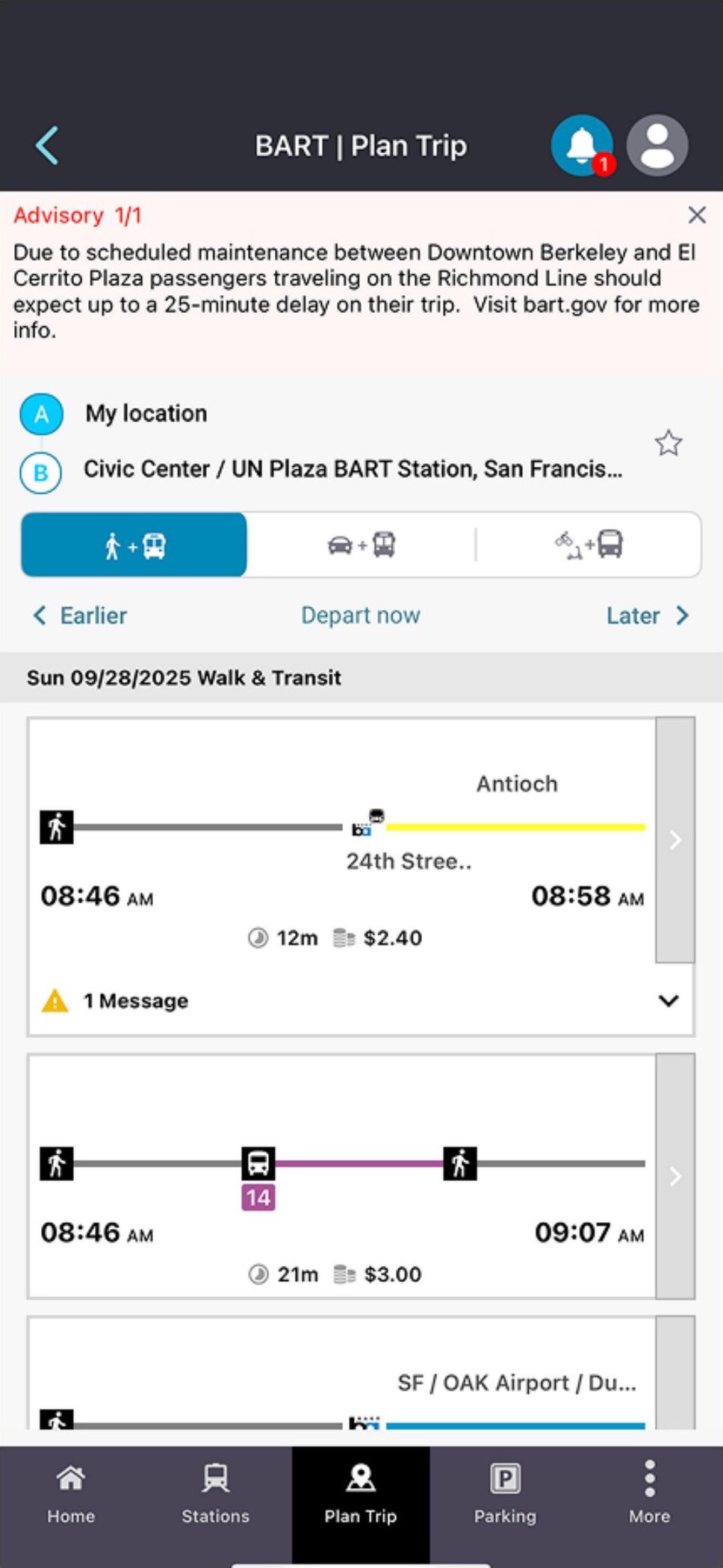 BART Plan Trip screen — Advisory banner showing 1 Message