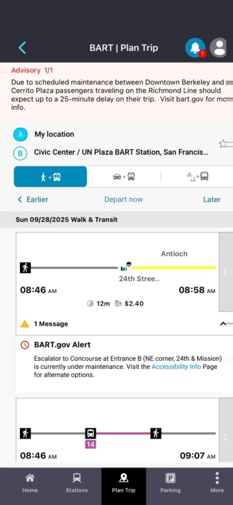 BART Plan Trip screen — BART.gov Alert expanded, escalator outage at Entrance B