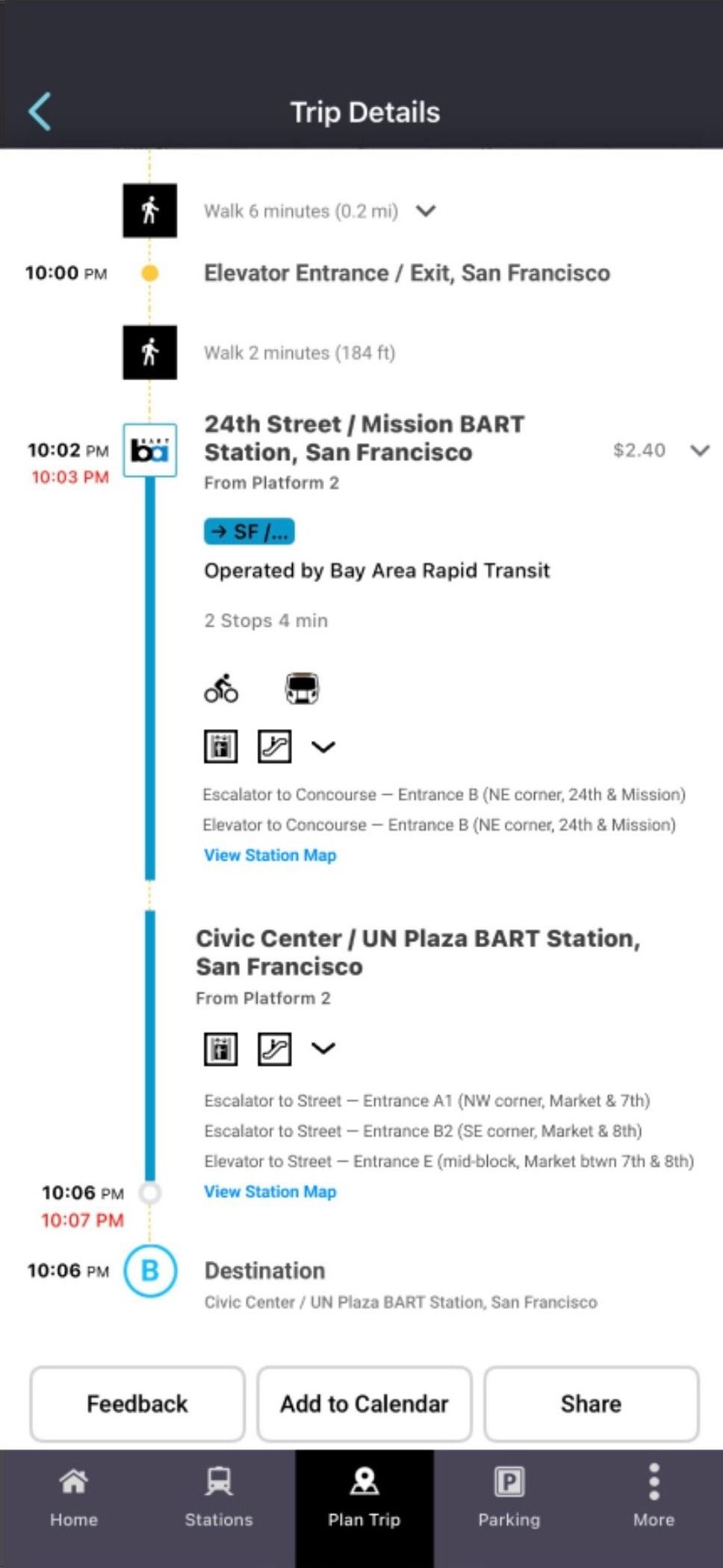 BART app — expanded state showing exact escalator and elevator entrance names