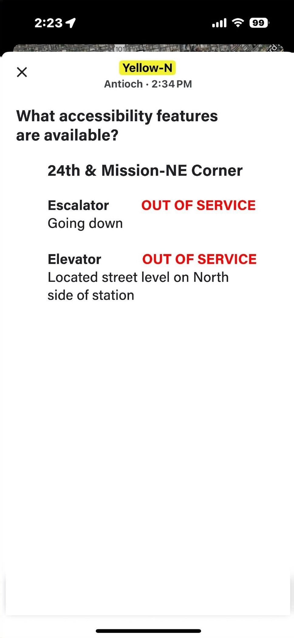 Redesigned Google Maps — OUT OF SERVICE status for escalator and elevator