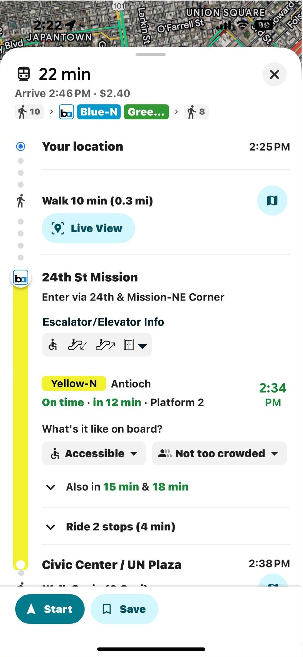 Google Maps trip directions — Escalator/Elevator Info row added at 24th St Mission