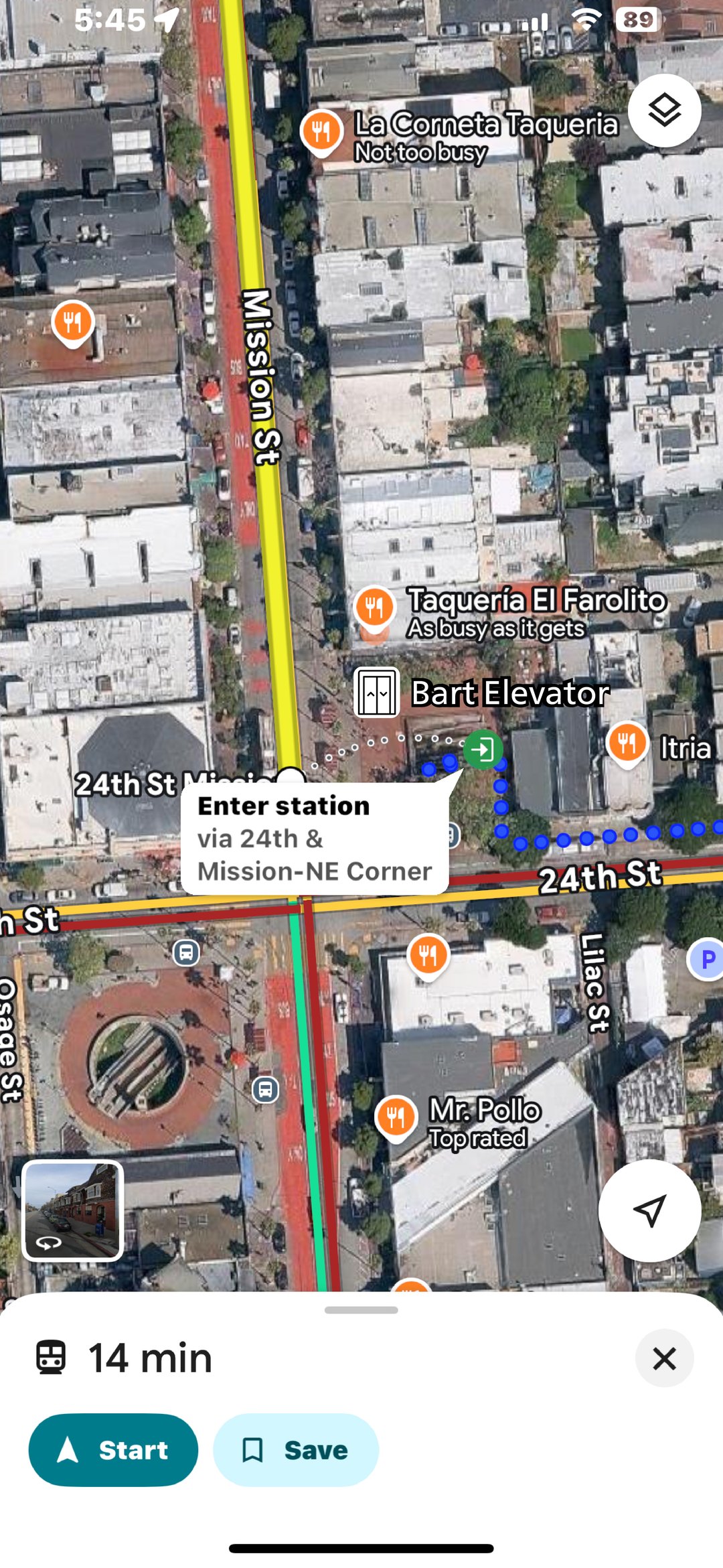 Google Maps navigation on a satellite view of 24th and Mission — a BART Elevator pin marks the elevator's exact location, and a callout reads Enter station via 24th and Mission NE Corner