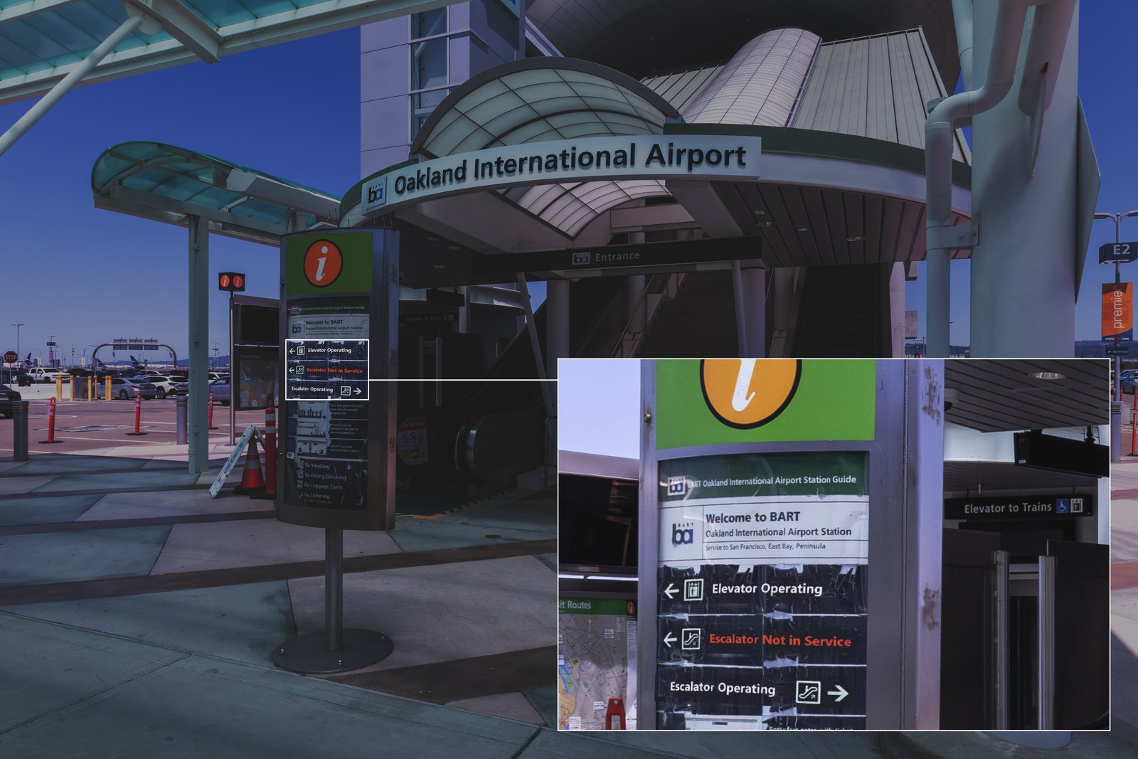 Redesigned status signage mocked up on the info pylon at the Oakland International Airport BART entrance, with a zoomed detail of the elevator and escalator status list
